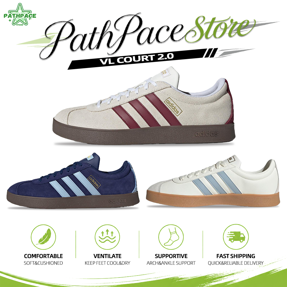 【ของแท้ 100%】🍏 Adidas VL COURT 2.0  ♡ รองเท้าผ้าใบส้นแบน ⚪️ JR8310/JR8308/JH5063