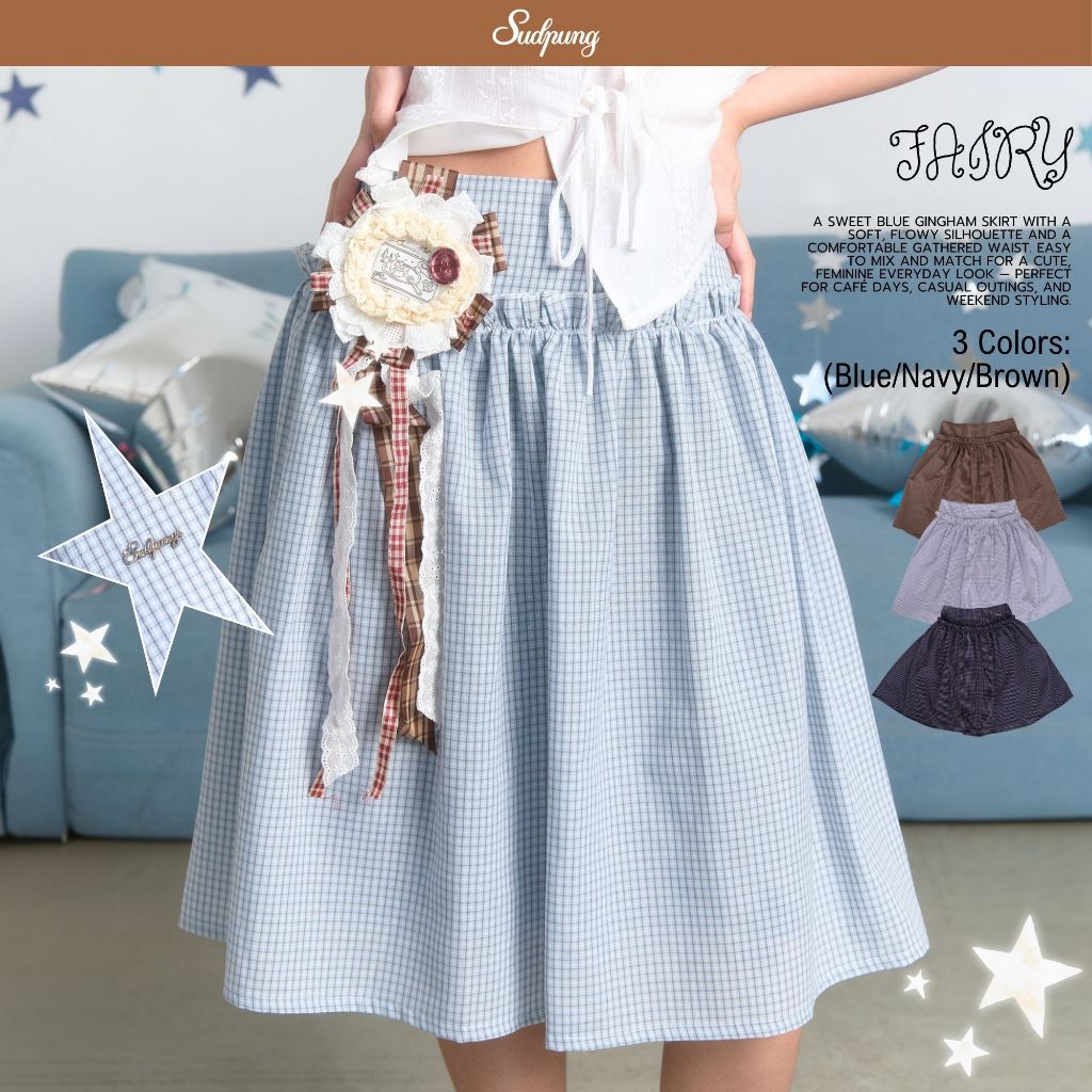 Fairy_SP127 กระโปรงสม็อคลายสก็อต เอวยางยืด มีซับใน โลโก้เหล็ก แต่งโบว์เข็มกลัดได้(ไม่มีแถมน้า)
