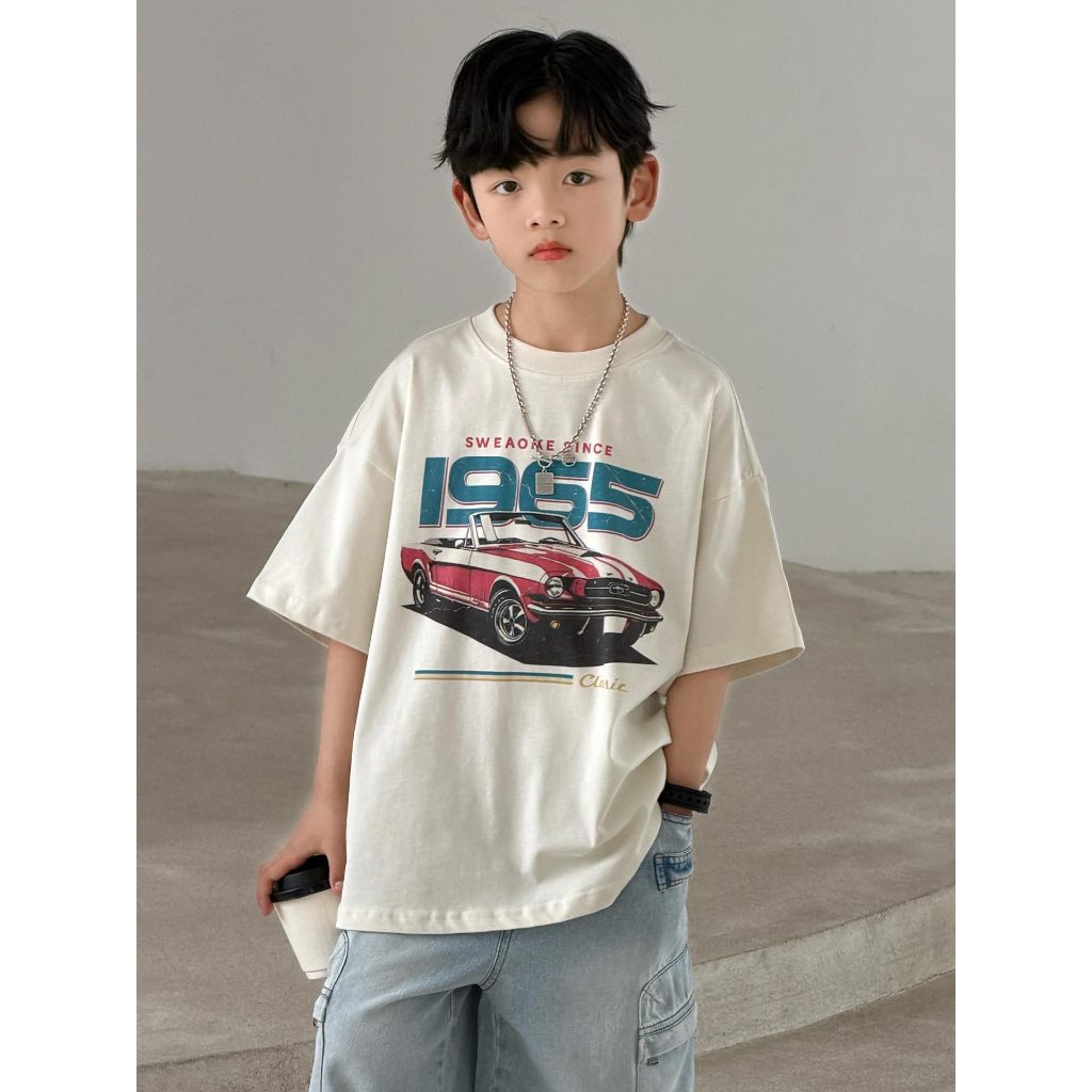[ส่งไวจากไทย] *แค่เสื้อ* เสื้อยืดแขนสั้นเด็ก เสื้อยืดเด็กแนวสตรีท ลายรถคลาสสิก 1965 ทรงOversize เท่ๆ เหมาะสำหรับ 5-14 ปี