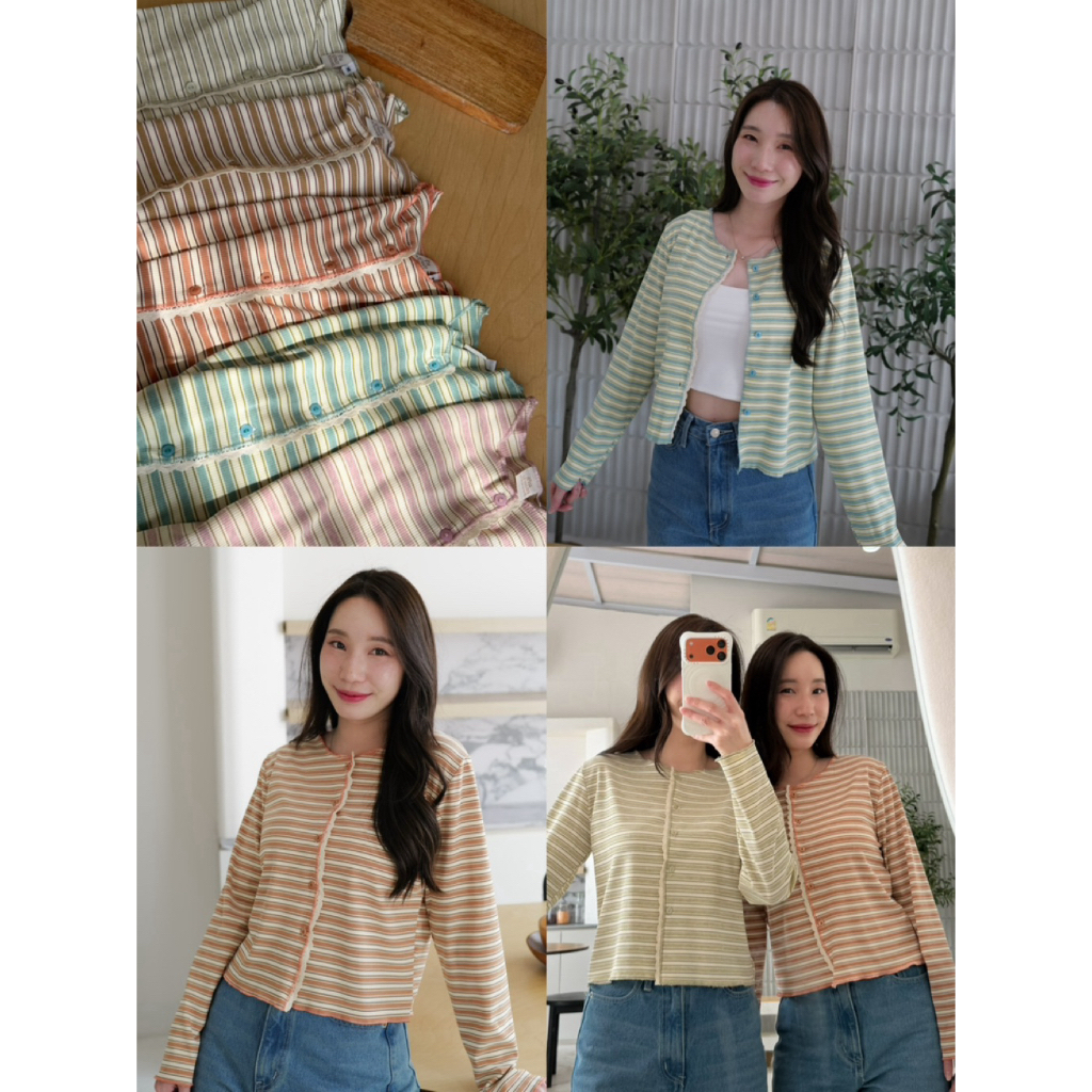 เสื้อแขนยาวคอกลม ริ้วระบายลูกไม้ ‘ขอบกระดุม’✨
