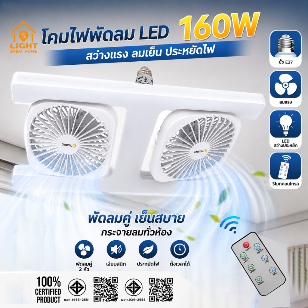 🇹🇭ส่งจากไทย พัดลมโคมไฟเพดาน LED E27 2 หัว 160W 6500K มีรีโมท ลมแรง เงียบ ประหยัดไฟ เหมาะห้องนั่งเล่น/ห้องนอน 220V