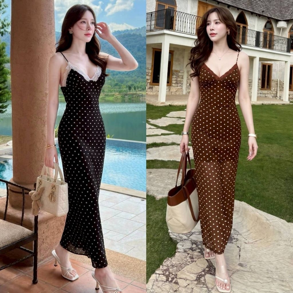 Swan เดรสสายเดี่ยวทรงยาวโทนสีดำลายจุด ดีไซน์ช่วงอกแต่งขอบลูกไม้สีครีม ราคา ถูกที่สุด ดีลบีเคเค