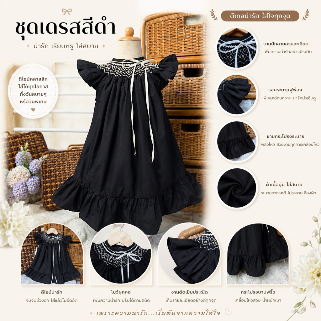 เดรสปักสม็อคอ สีดำ แขนปีกนก