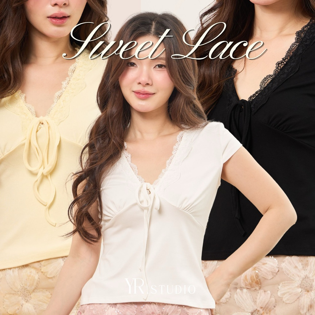 SWEET LACE  TOP ( ราคา 350-) เสื้อยือคอวีแต่งดีไซน์ลูกไม้คอวี ดีไซน์เรียบง่าย ผ้าคอตตอลสเปนเดกซ์ ยืดนิ่ม ใส่สบาย