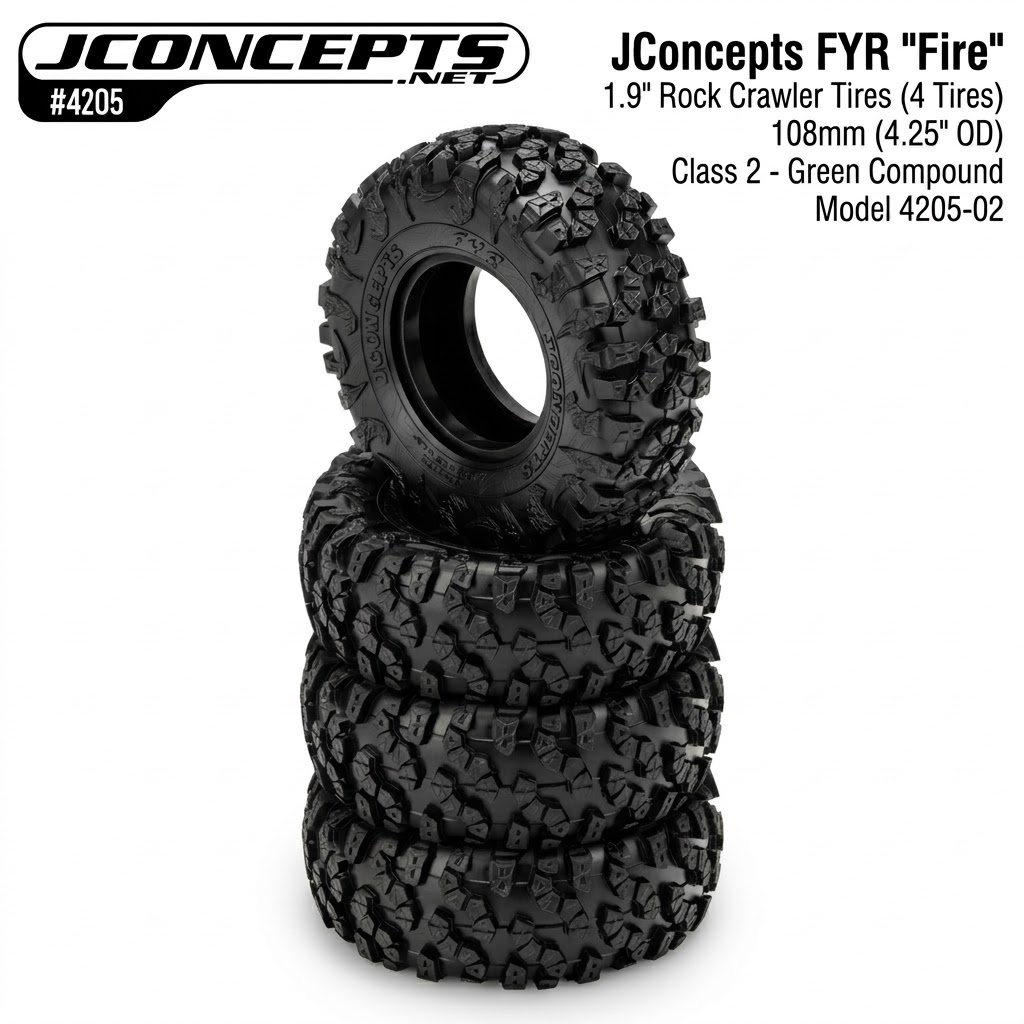 JConcepts FYR "Fire" 1.9" Rock Crawler Tires 108mm (ยางครบ4เส้น) 4205-02 (Class 2 - 4.25" OD) (Green)