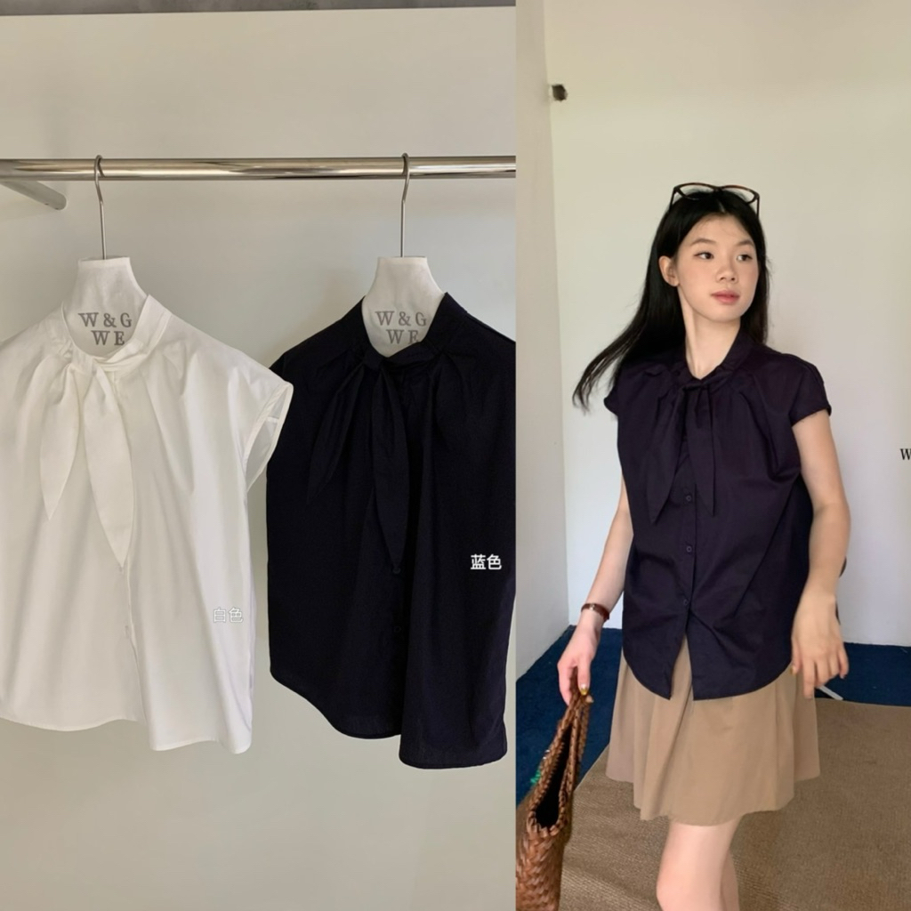 9129# เสื้อไหล่ล้ำ ผูกคอ งานกระดุมหน้า เนื้อผ้าดี ทรงสวย  TAG:WG.WE 🇰🇷