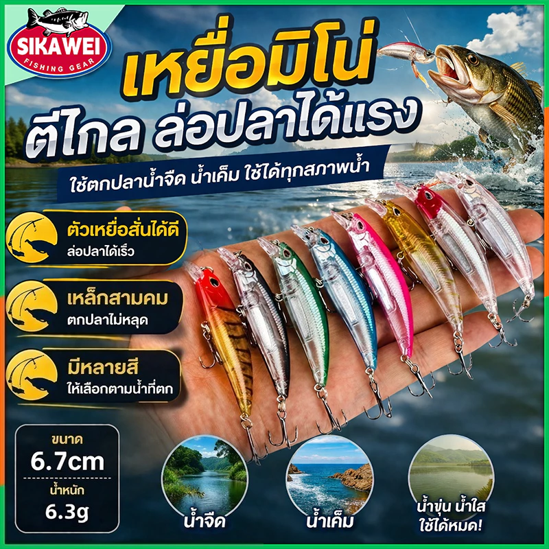 เหยื่อตกปลาประดิษฐ์ รูปตา 3D 8 สี 6.7 ซม. 6.3 กรัม พร้อมตะขอแหลม 1 ชิ้น