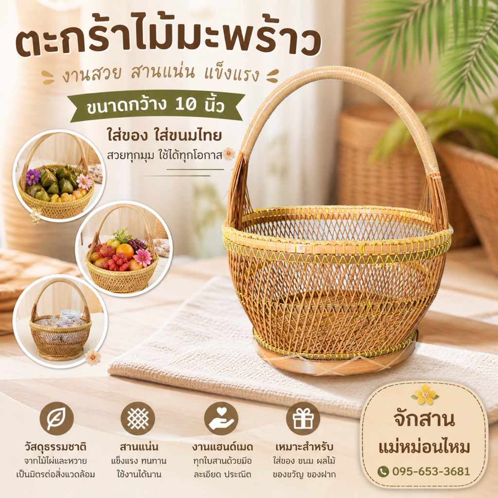 กะเช้า ตะกร้าไม้ ตะกร้าไม้มะพร้าวขนาด10นิ้ว จักสาน