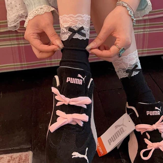 ส่งจากกรุงเทพ🧦 ถุงเท้ายาวปานกลางสตรี ถุงเท้าลูกไม้ผูกโบว์ เนื้อผ้านุ่ม ระบายอากาศได้ดี