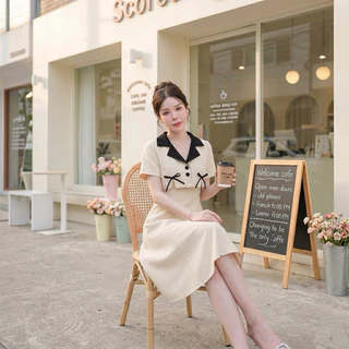 D72 เดรสปกทูโทนแต่งโบว์กระโปรงยาว มีไซส์ S-3XL ความยาว 39-40 นิ้ว