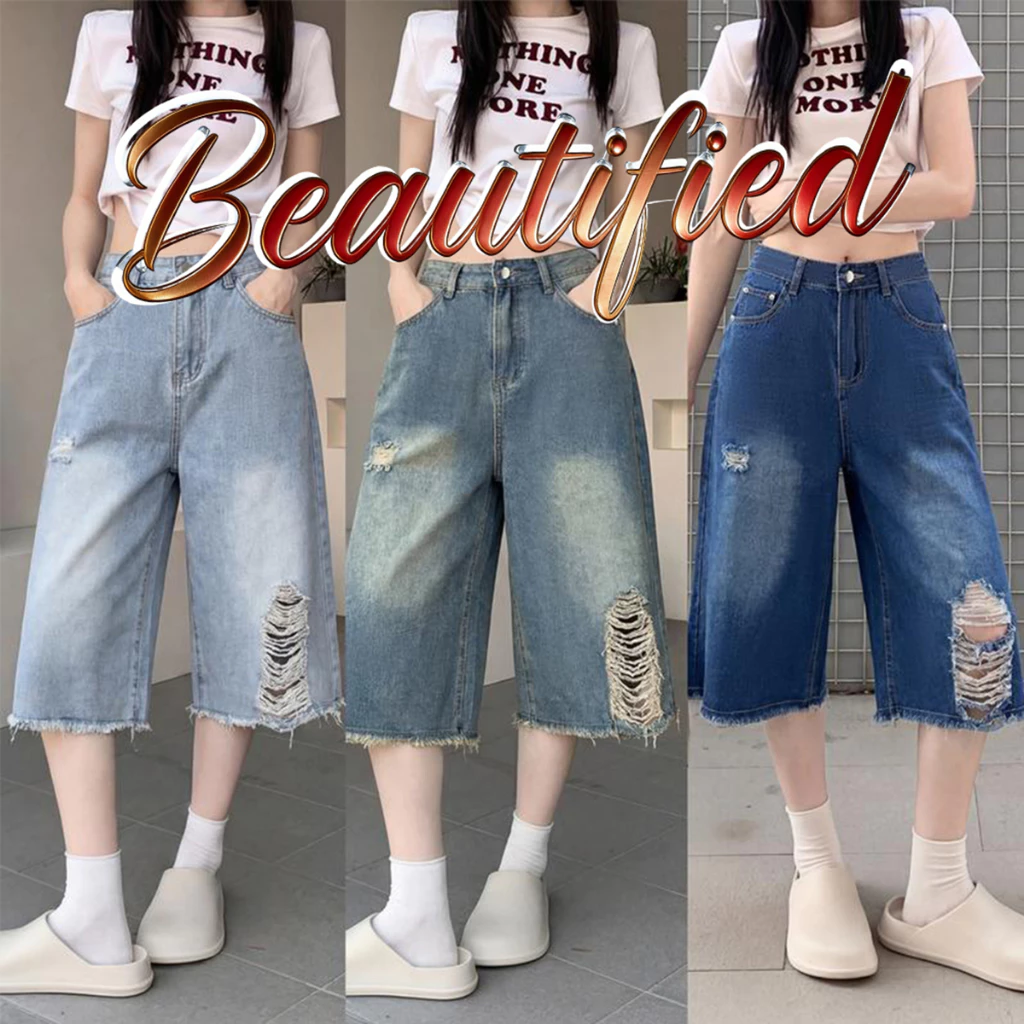 Beautifed🫧กางเกงยีนส์ขากว้างขาสามส่วน ลายวินเทจy2k สีฟ้าล้าง ขาด+ขอบดิบ สไตล์เกาหลี ใส่สบาย ดูเพรียว S-5XL🎀