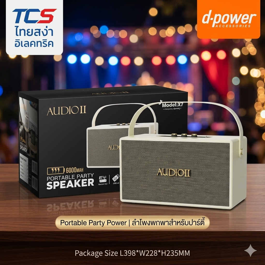 d-power ลำโพงบลูทูธ Audio II รุ่น X7 60 วัตต์ เชื่อมต่อ 2 ตัวได้ รองรับไมค์โครโฟนสาย ประกัน 1 ปี