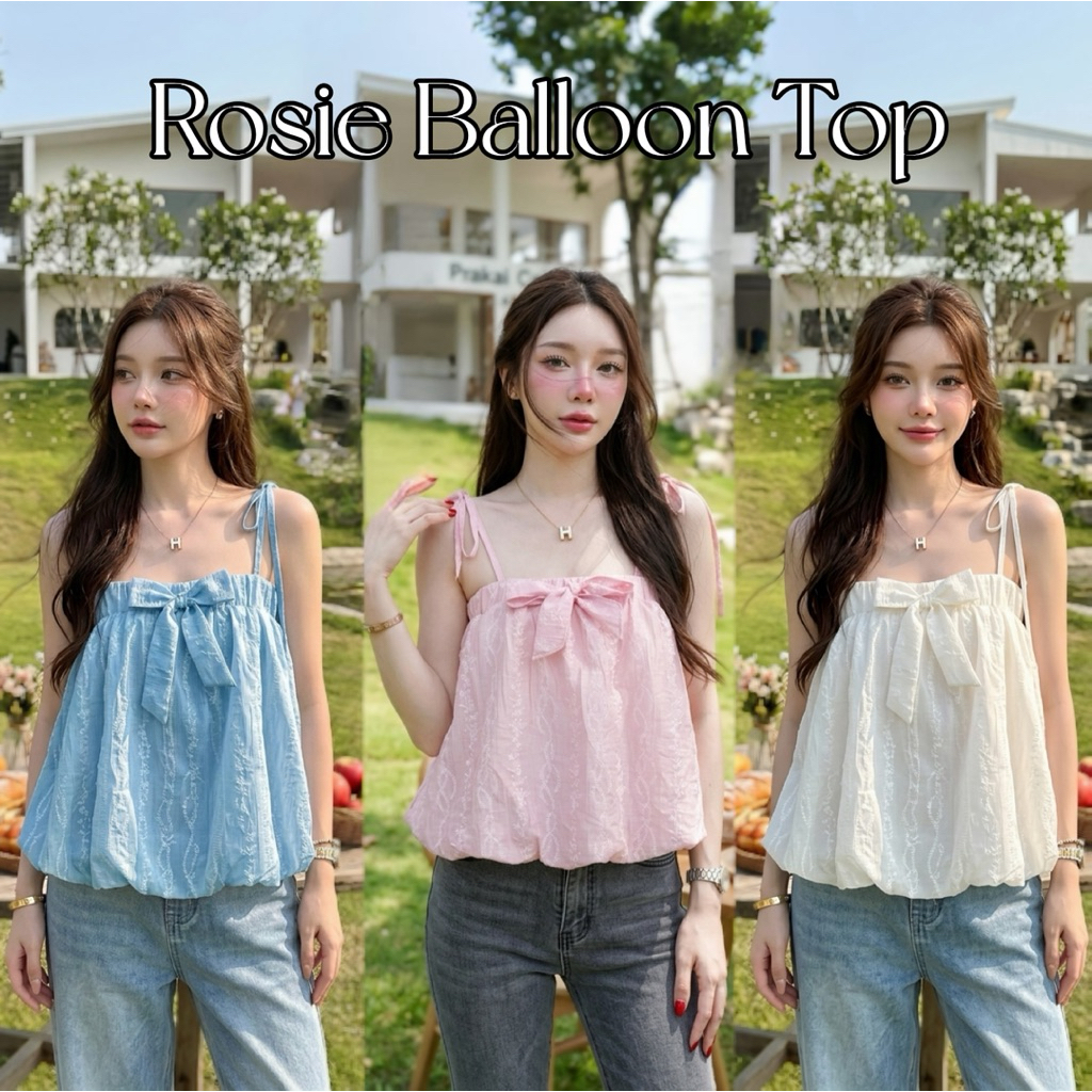 เสื้อสายเดี่ยวผูกไหล่ทรงบอลลูน ผ้าโรซี่พิมพ์ลายดอกละมุน (Rosie Balloon Top)