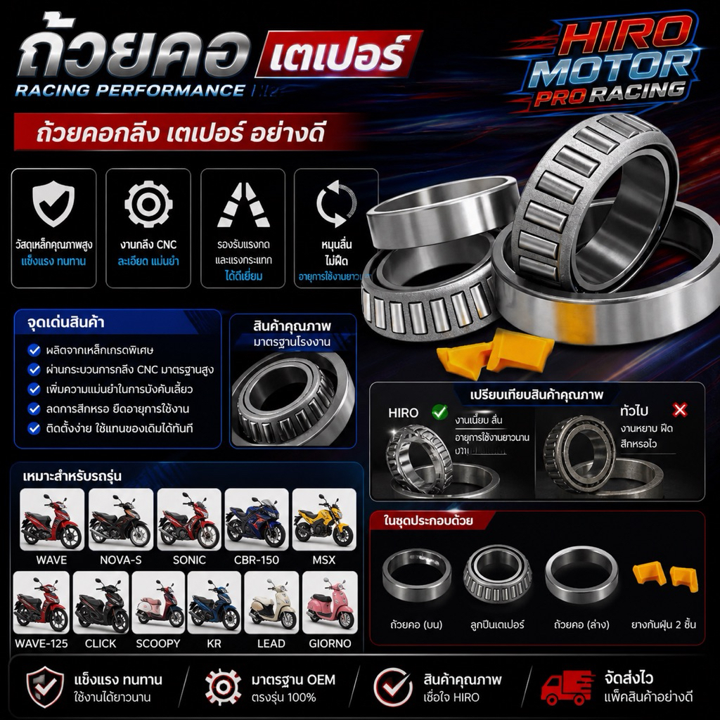 ถ้วยคอกลึง เตเปอร์ อย่างดี รุ่น WAVE / NOVA-S / SONIC / CBR-150 / MSX / WAVE-125 / CLICK / SCOOPY / KR / Lead / Giorno