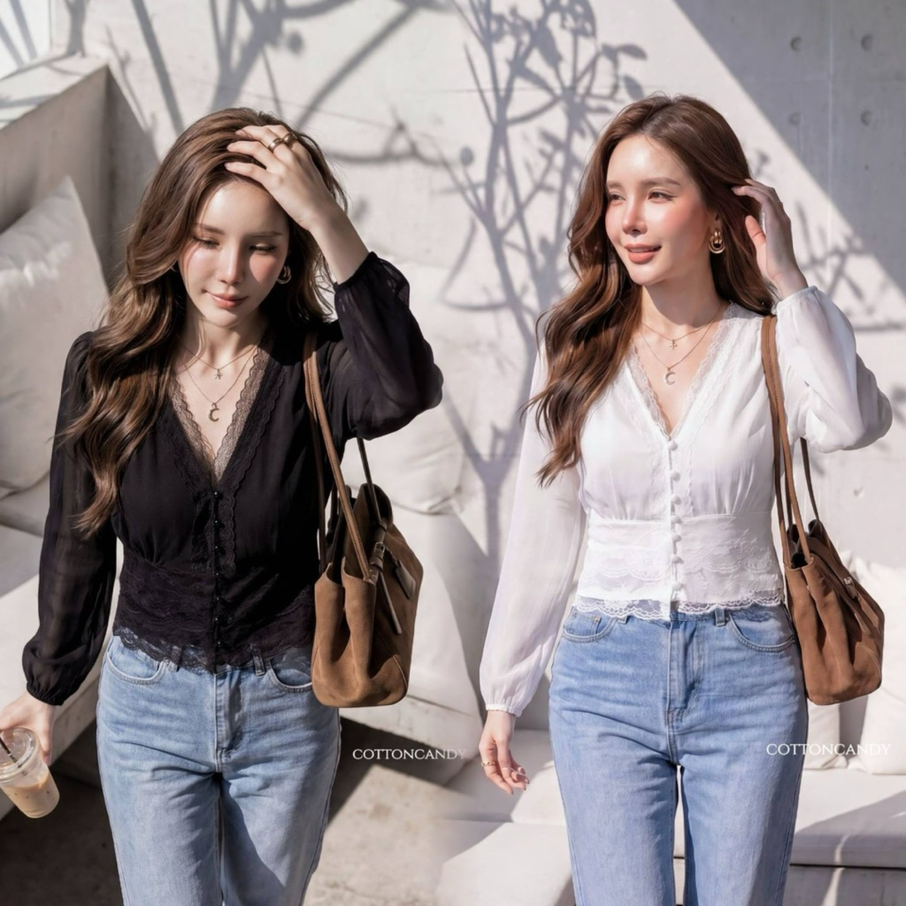 #Cotton Candy 🍭 เสื้อแขนยาวคอวีแต่งลูกไม้ New Hilook korea