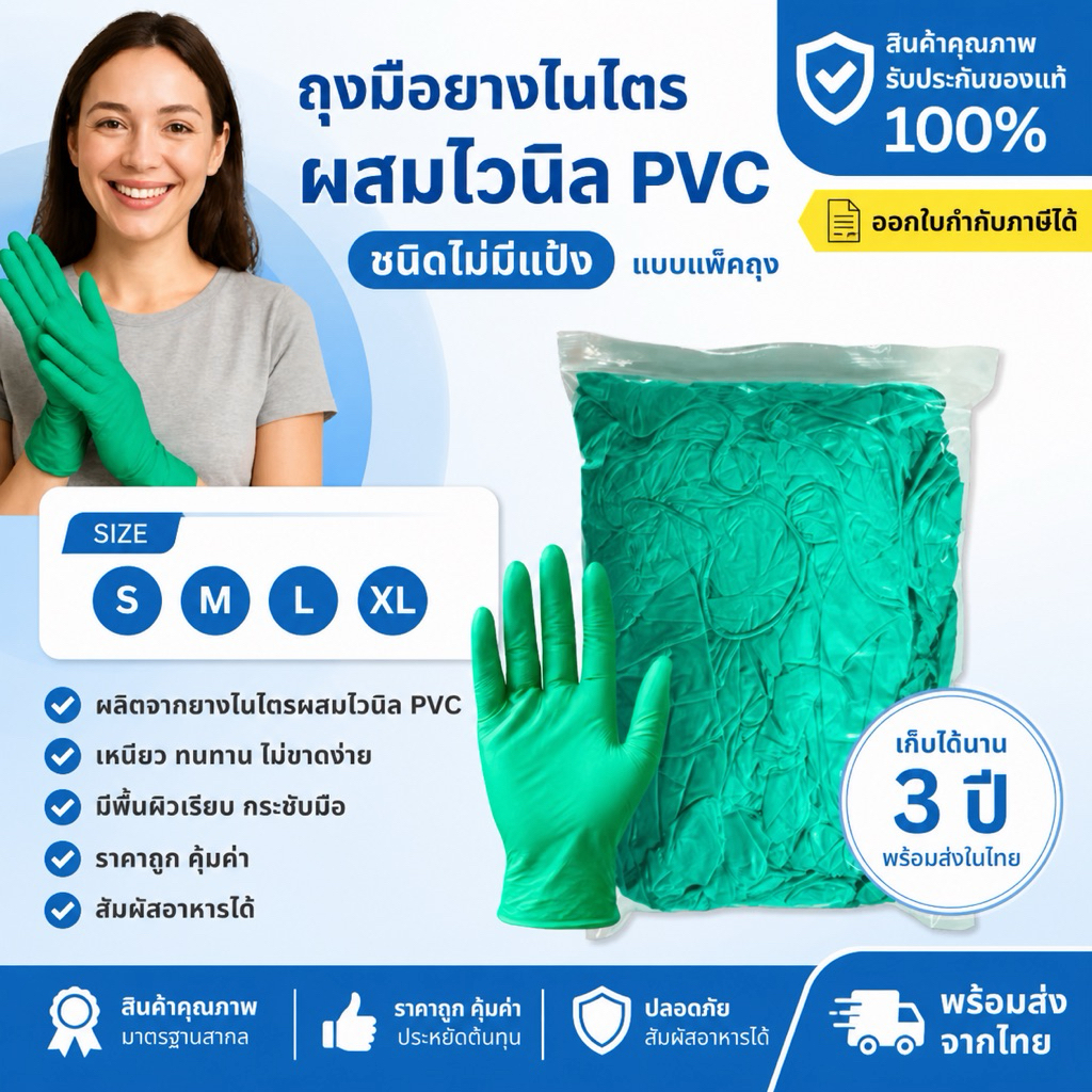 ถุงมืออเนกประสงค์ ถุงมือไนไตรไวนิล (pvc) สีเขียว (แพคถุงอย่างดี) เหนียว ทนทาน ไม่ขาดง่าย พร้อมส่ง