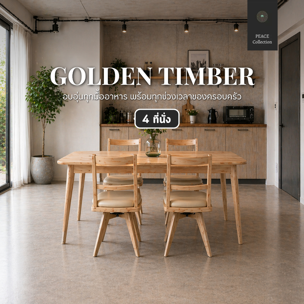 PEACE Collection ชุดโต๊ะอาหาร 4 ที่นั่ง รุ่น GOLDEN TIMBER  โต๊ะ 120 ซม. พร้อมเก้าอี้หมุน 360° โทนไม้ธรรมชาติ