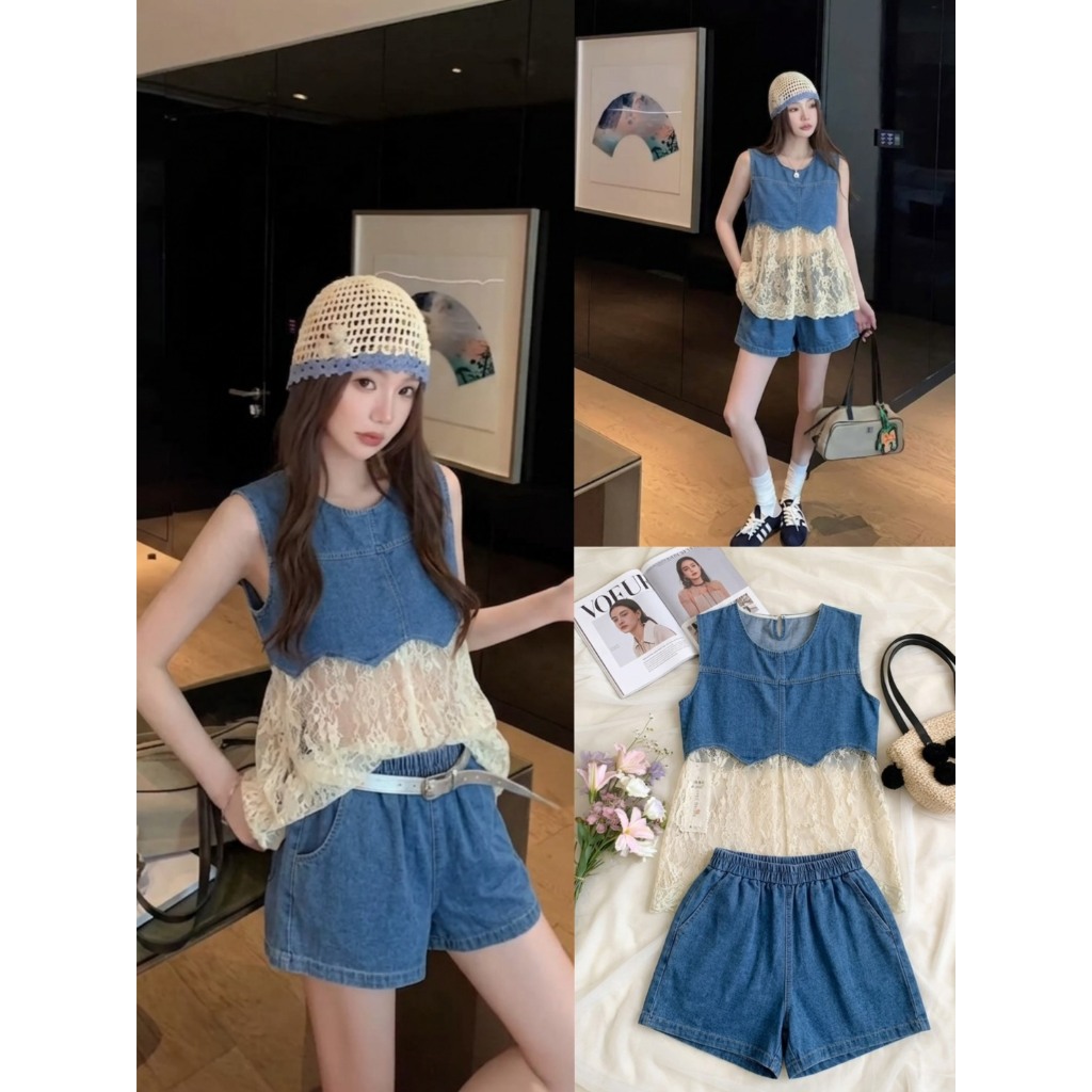 SET 2 PCS. เสื้อแขนกุดยีนส์แต่งชายลูกไม้+กางเกงขาสั้น