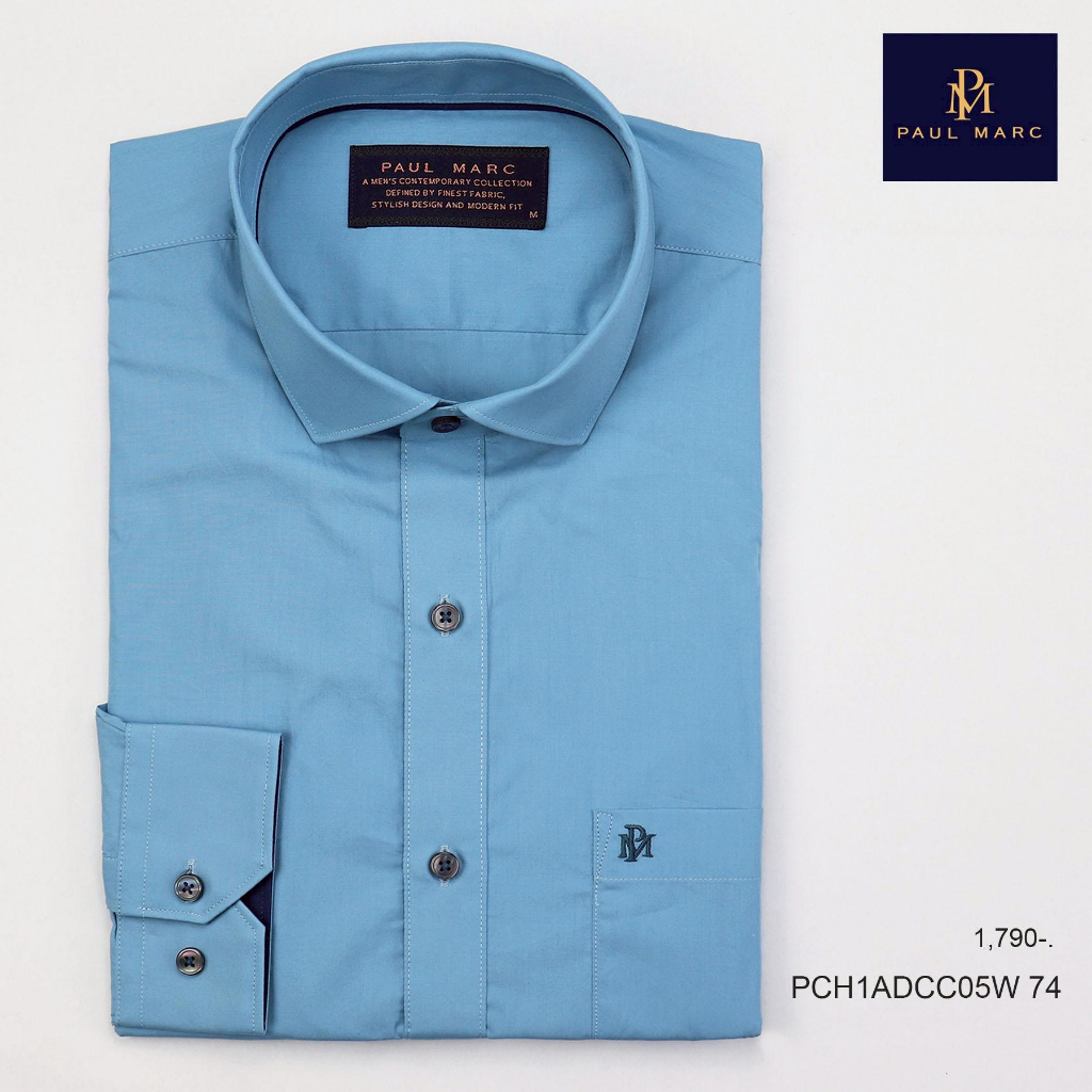 PAUL MARC เสื้อเชิ้ตทำงานแขนยาว สีฟ้า สไตล์เกาหลี cotton slim fit ผ้านุ่มเบา ใส่สบาย  PCH1ADCC05W