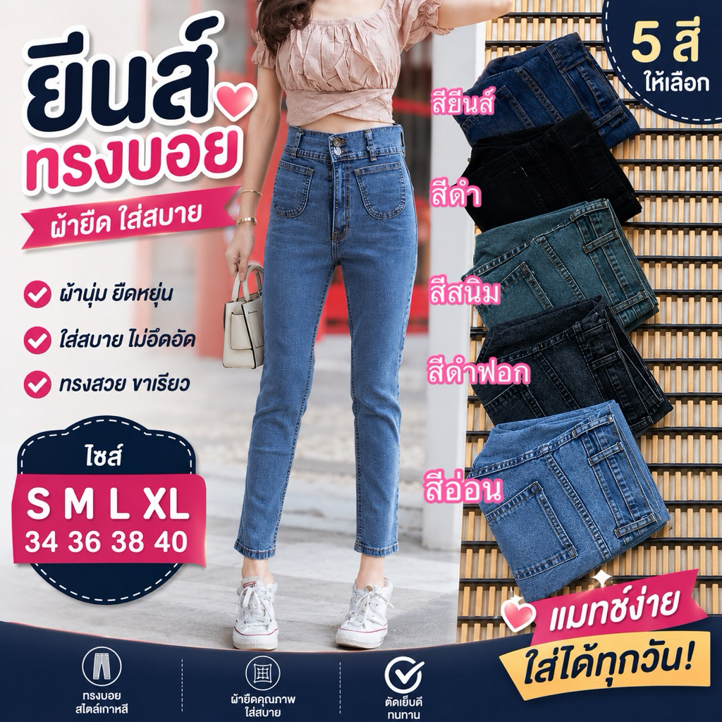 🌸Nattaya Shop🌸 P45 กางเกงยีนส์ทรงบอย ผ้ายืด แต่งกระเป๋าหน้า มีให้เลือกมากถึง 5สี ไซส์S-40