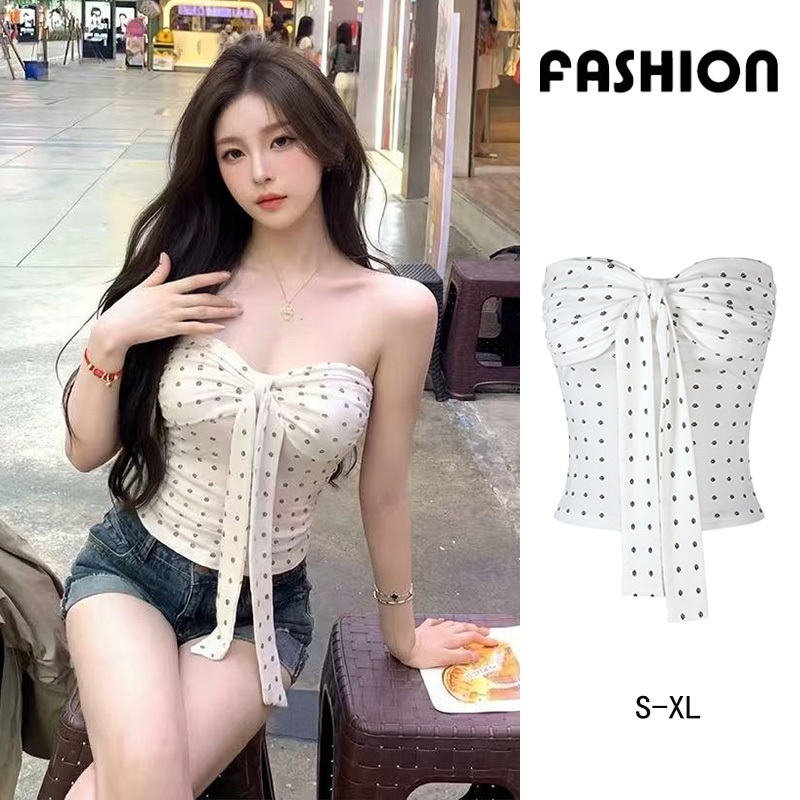 ส่งจากไทย🎀เสื้อเกาะอกผู้หญิง ขาว เสื้อครอปทรงรัดรูป ดีไซน์เชื่อกผูกหน้าอ เซ็กซี่แฟชั่น สไตล์อเมริกัน #F027