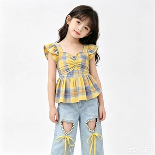 BB274 ชุดเด็กผู้หญิงสายแฟ เสื้อสายเดี่ยวลายสก็อต + กางเกงยีนส์หัวใจสุดคิ้วท์