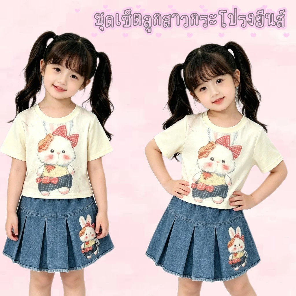 BB277 ชุดเด็กผู้หญิง เสื้อกระต่ายสุดคิ้วท์ + กระโปรงยีนส์พลีท(8685)