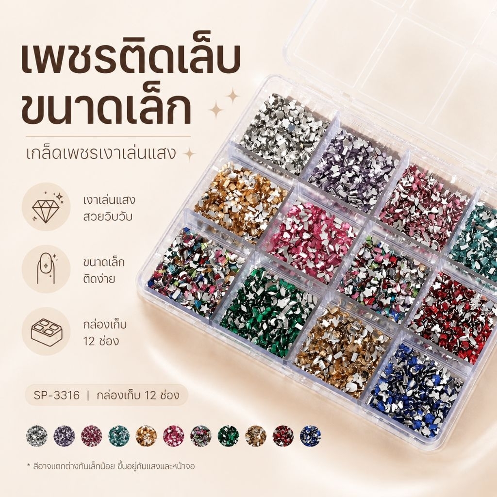 จัดส่งทันที ♡ เพชรทรงผสมติดเล็บ บรรจุกล่อง 12 ช่อง หลายไซส์