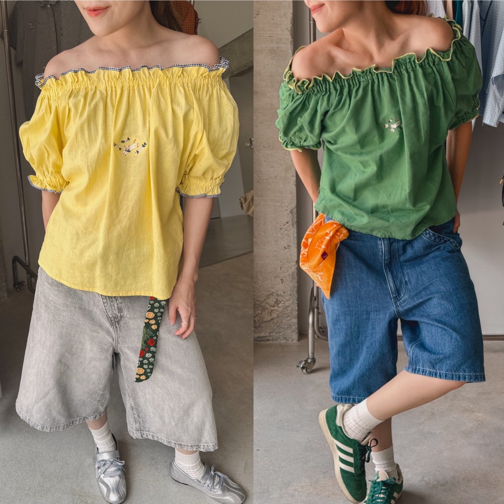 katji / พร้อมส่ง puffy Top เสื้อย่นคอ ใส่เปิดไหล่ได้ 2in1