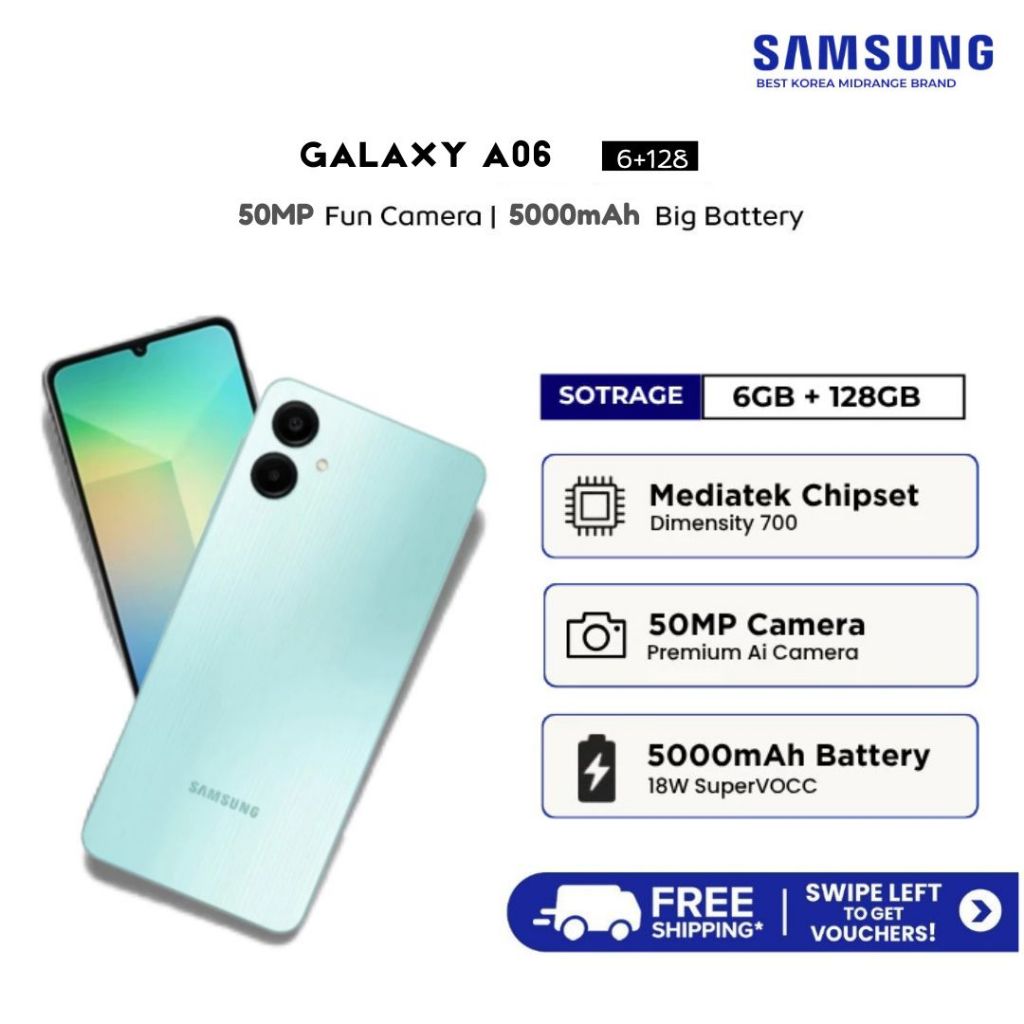 Samsung Galaxy A06 (6+128GB) หน้าจอใหญ่ 6.7 นิ้ว กล้องหลังคมชัด 50MP ประกันศูนย์ยาวนาน 1 ปี