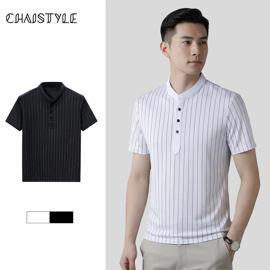 Chaistyle เสื้อยืดผู้ชาย คอตั้งโปโล มีกระดุม ลายทาง แบบบาง รัดรูป สบายๆ รุ่นใหม่ ระบายอากาศได้ดี เย็นสบาย