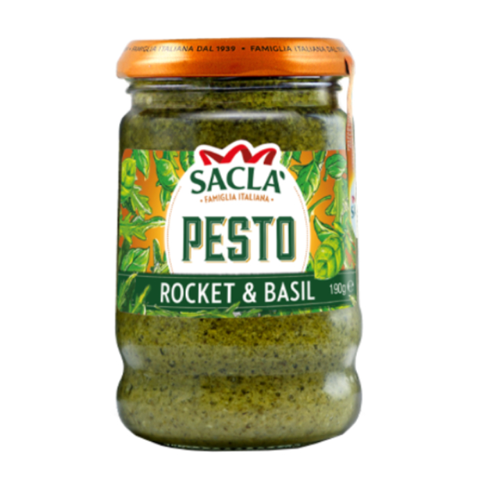 ซอสเพสโต้ผักร็อกเก็ตและใบโหระพา Wild Rocket & Basil Pesto 190g แบรนด์ Sacla