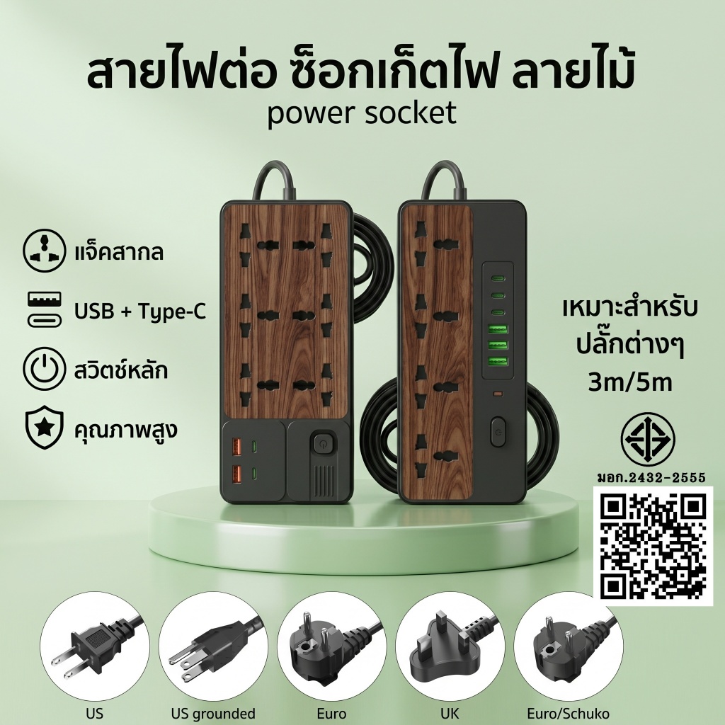 รางปลั๊กไฟ ลายไม้ มอก. 2300W ปลั๊กไฟ 3M 5M ปลั๊กพ่วง พร้อมช่อง USB Type C ม่านนิรภัย มอก.2432-2555