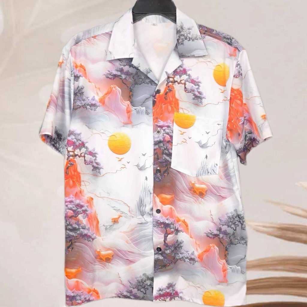 เสื้อเชิ้ตฮาวาย ลายป่าภูเขาพระอาทิตย์ (พื้นสีขาว) ผ้าไหมอิตาลี