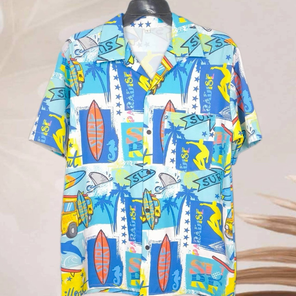 เสื้อเชิ้ตฮาวาย ลายเซริฟ์บอร์ดฮาวาย (พื้นสีขาวมิ้นท์) ผ้าไหมอิตาลี