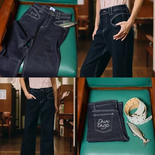 [พร้อมส่ง] CHUUCHOP (XS-4XL) - Rocky road jeans กางเกงยีนส์เอวสูง ผ้ายืด ทรงสวย ลุคมินิมอล ใส่สบาย (C9100)
