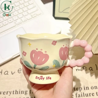 แก้วกาแฟ เซรามิก ลายดอกทิวลิป ที่จับมุก ดีไซน์เกาหลี สำหรับสาวออฟฟิศ แก้วมัค พร้อมกล่อง