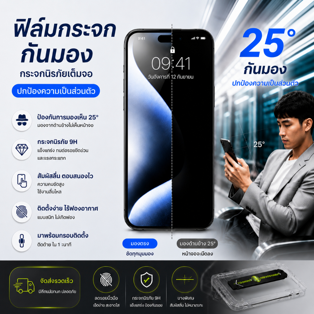 ฟิล์มกระจกกันมอง iPhone 12-17 Pro Max เต็มจอ Privacy 25° 9H กันรอย กันแตก กันตก ทัชลื่น HD ติดง่าย พร้อมส่ง