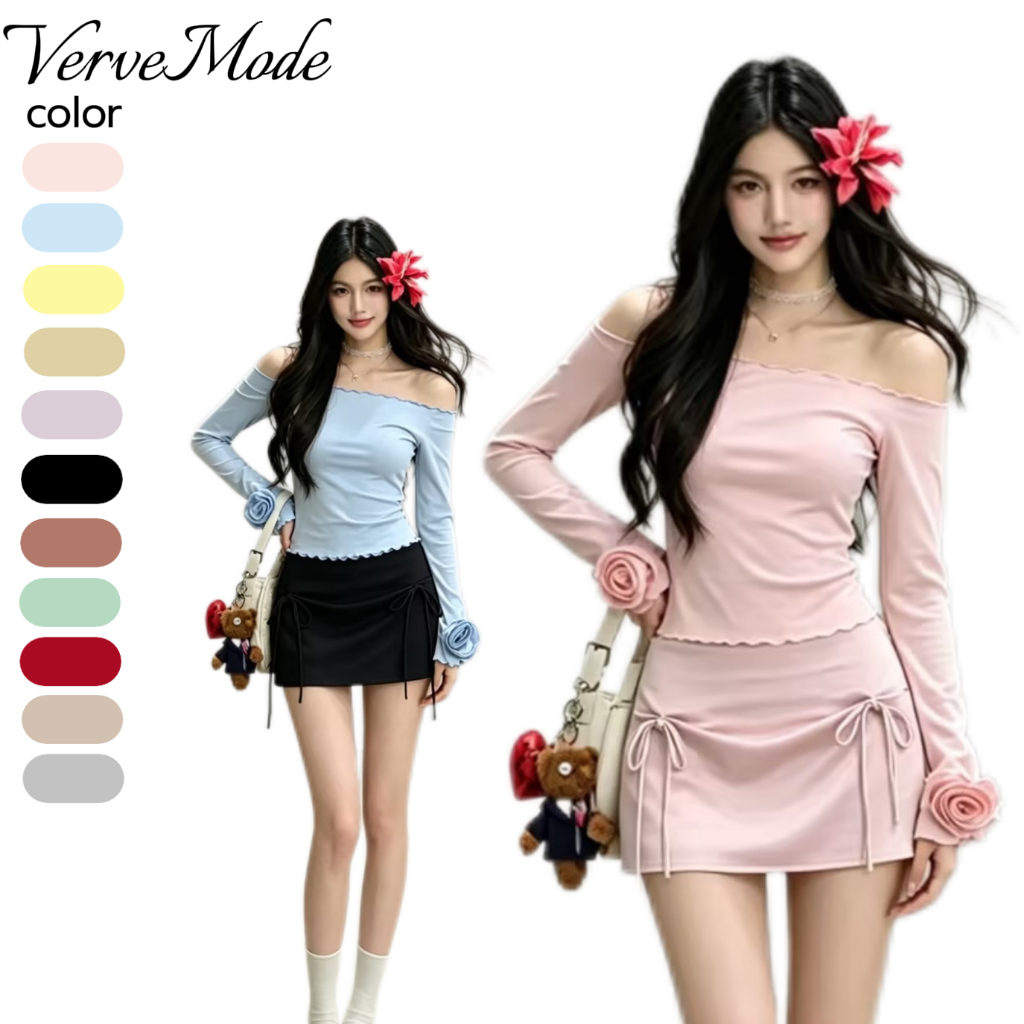 VerveMode.🍓จัดส่งในประเทศไทย🍓แฟชั่นสตรีหวานสามมิติดอกไม้คอกลมแขนยาวเสื้อยืดบาง