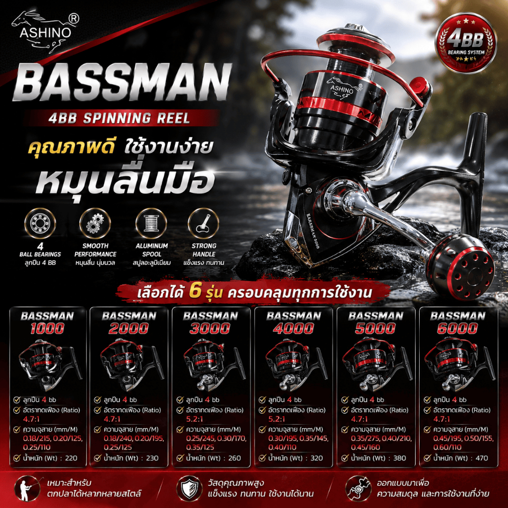 [ ของแท้ ]  รอกสปิน Ashino Bassman 4BB คุณภาพดี ใช้งานง่าย หมุนลื่นมือ Spinning Reel