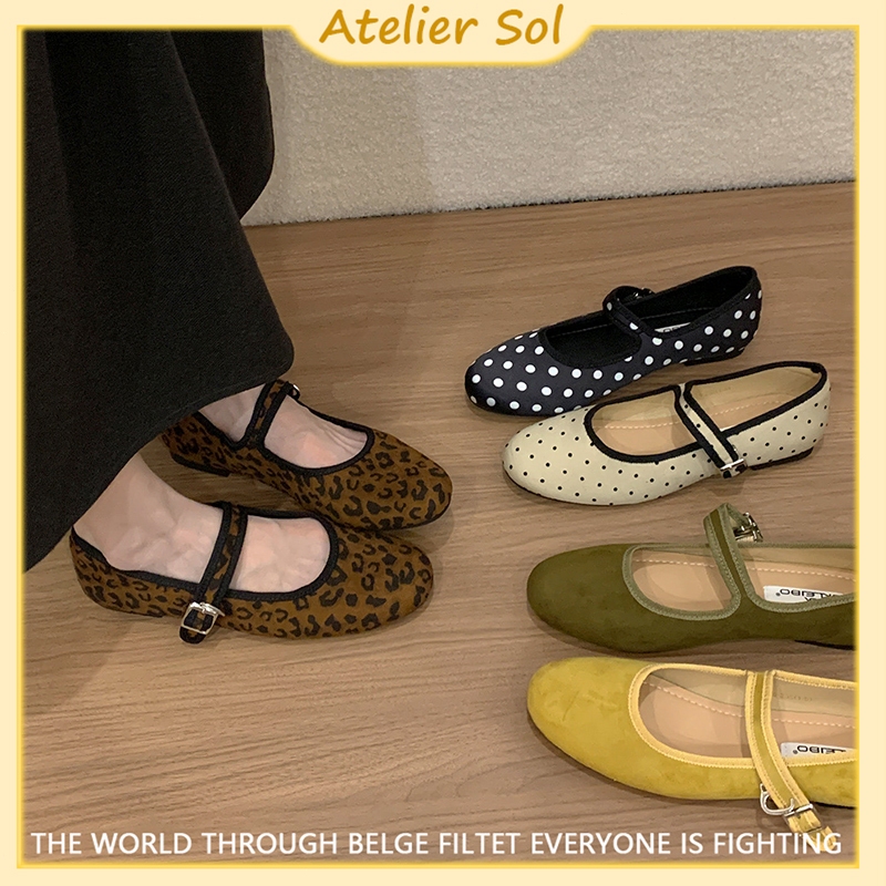 Atelier Sol  รองเท้าแมรี่เจน รองเท้าผู้หญิงสไตล์เรโทรแบบแบน วัสดุหนังกลับ เบาสบาย (+1 ไซส์)