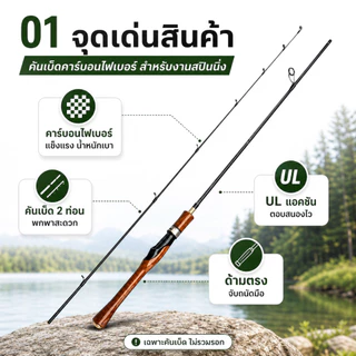 คันเบ็ดตกปลาคาร์บอนไฟเบอร์ 2 ท่อน UL/L คันสปินนิ่งพกพา น้ำหนักเบา ด้ามตรง 1.65/1.8 ม. เฉพาะคันเบ็ด ไม่รวมรอก