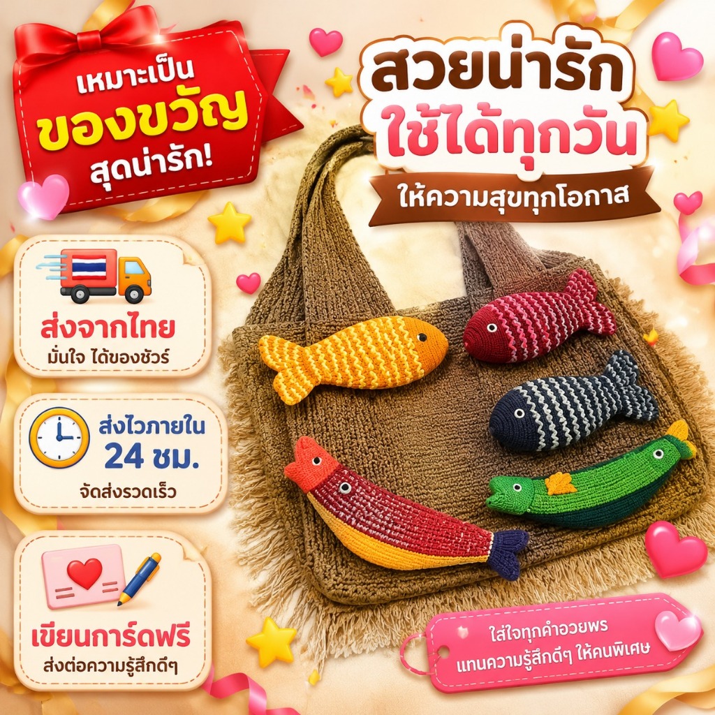 กระเป๋า Tote ถักแบบ Splicing ลายปลาน้อย ดีไซน์น่ารัก สไตล์ casual สำหรับการใช้งานทั่วไปและการเป็นของขวัญให้เพื่อนๆและครอ