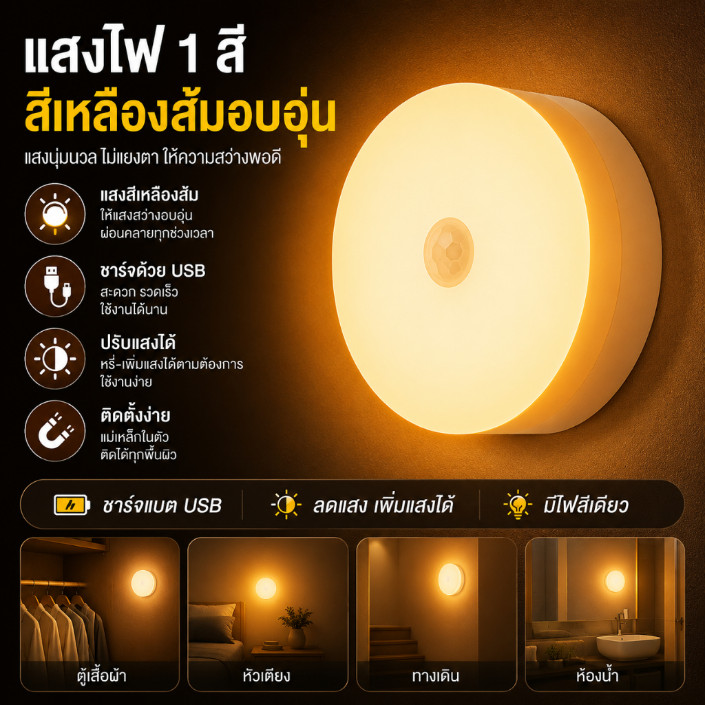 โคมไฟหัวเตียง ยึดผนังด้วยแม่เหล็ก ไฟกลางคืนเซ็นเซอร์ LED light ชาร์จ USB แบบพกพา