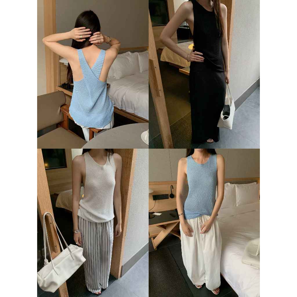INBYIN - เสื้อแขนกุดคอวีผ้าร่องเข้ารูปสายหลังไขว้ LINEAR V-TANK - I3682