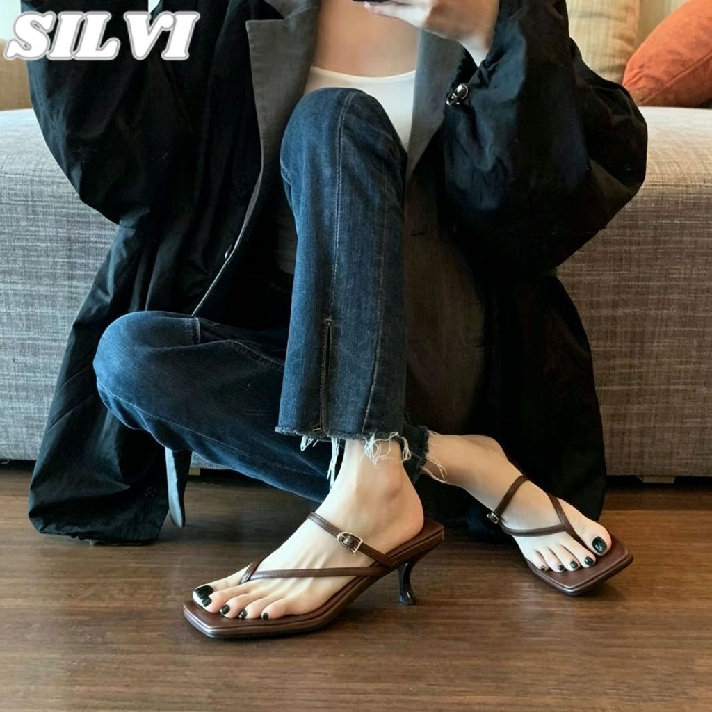 SILVI SHOES รองเท้าแซนดัลผู้หญิงรองเท้าแซนดัลส้นแมวหนังสีน้ำตาลดำใส่และถอดได้สะดวกสบายเท้าไม่เหนื่อย