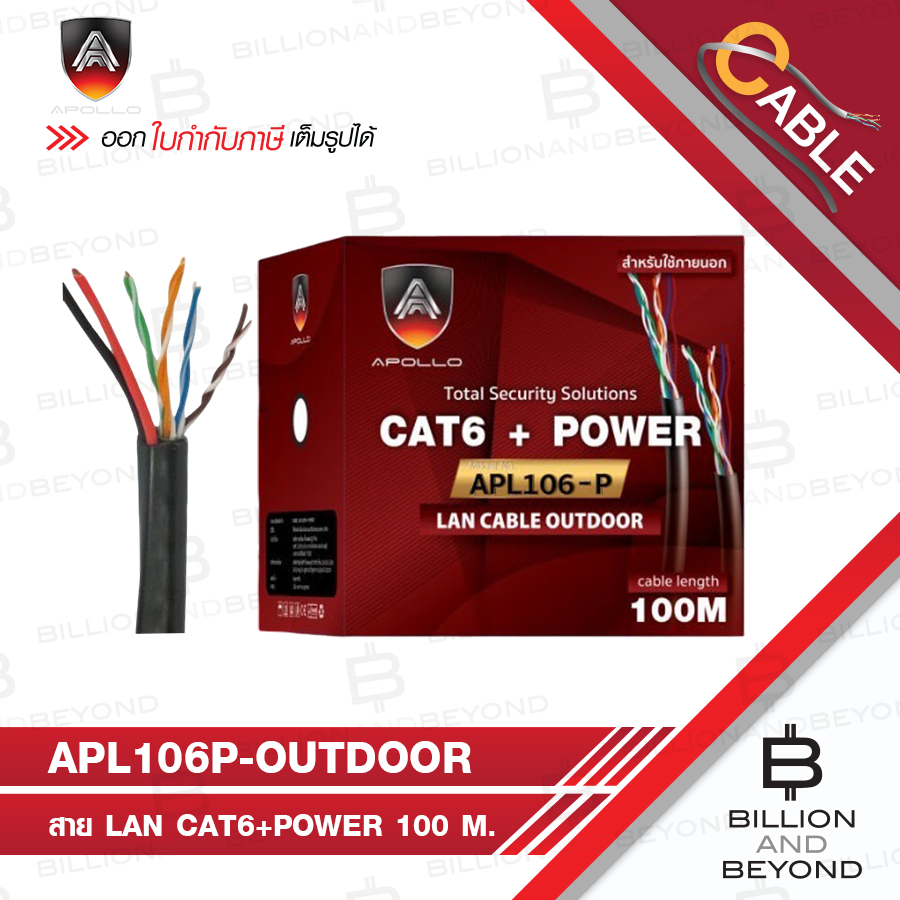 APOLLO APL106P / APL106-P / APL106P-OUTDOOR สาย LAN CAT6+POWER สำหรับใช้ภายนอก 100 M. สายสีดำ