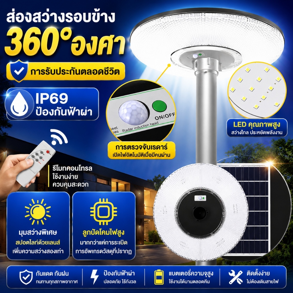 ไฟโซล่าเซลล์ 2000000W UFO Solar Light โคมไฟโซล่าเซลล์ LED IP69 แสงขาว ไฟสว่างมาก【รับประกัน30ปี】