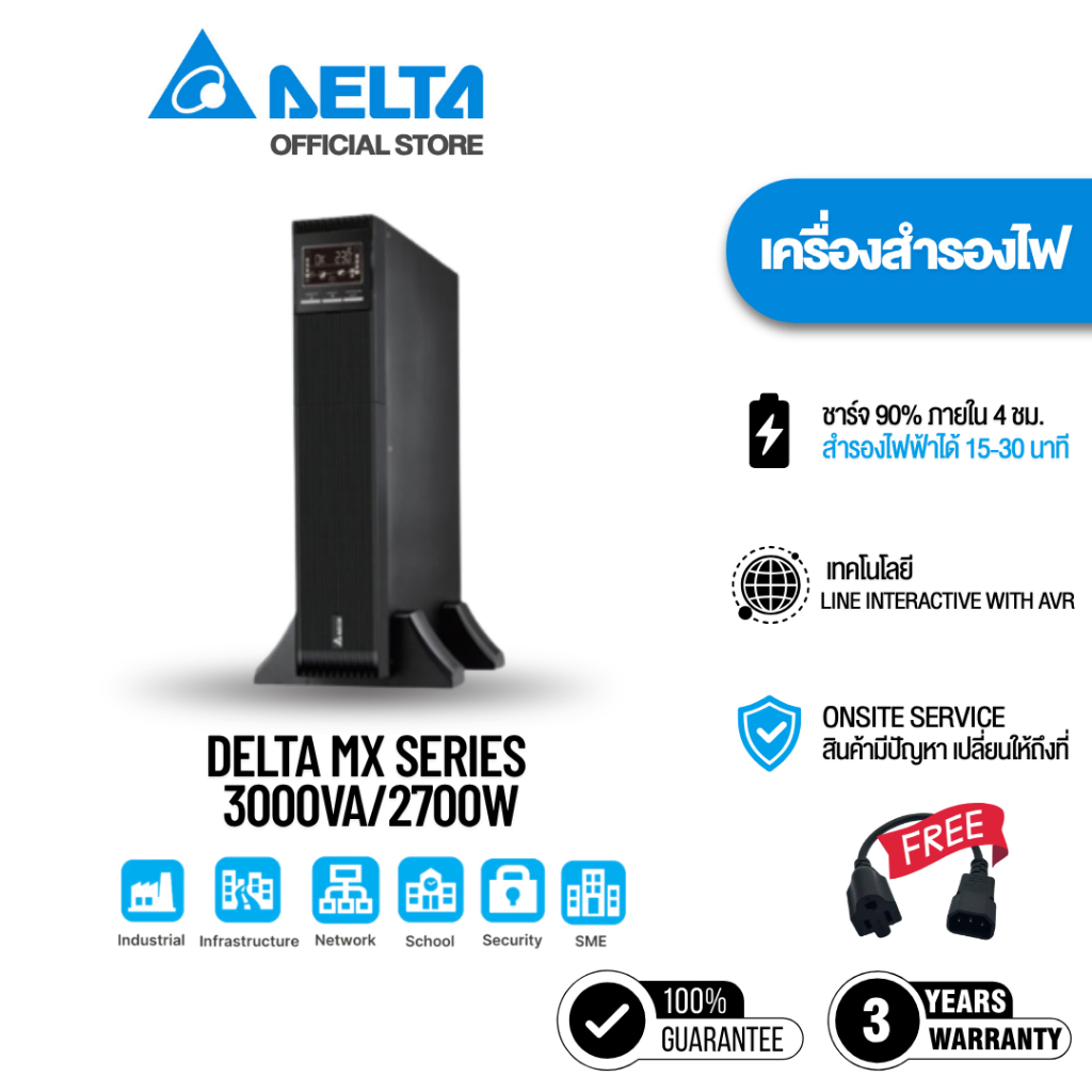 [สินค้าพร้อมส่ง] Delta UPS MX Series 3000VA/2700W เครื่องสำรองไฟ [MX-3kVA] คอมพิวเตอร์ที่บ้านและสำนักงาน ระบบกล้อง CCTV