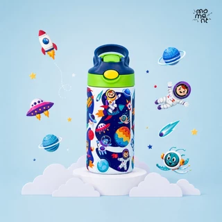 (แถมสายคล้อง) แก้วน้ำเด็ก กระบอกน้ำ 350ml สแตนเลส ฝากดหลอดเด้งในตัว พกพาสะดวก รุ่น Little Kid Friends Moment